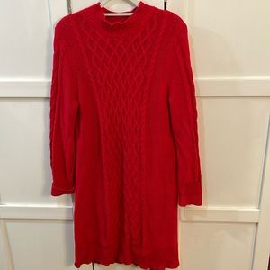 Cherry Red Mock Neck Cable-knit Sweater Dress